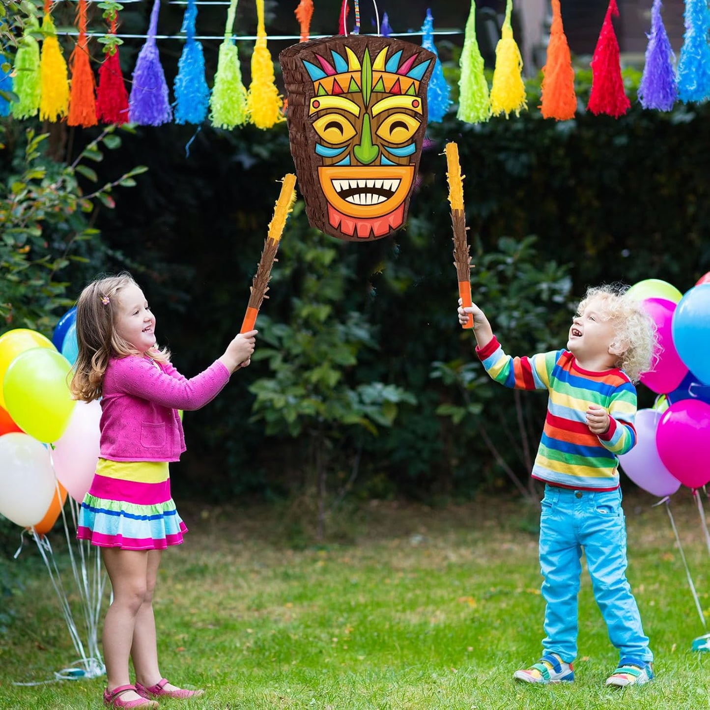 Threan Small Tiki Tropical Hawaii Piñata with Blindfold Bat Aloha Luau Piñata for Hawaiian Luau Themed Party Decoration Summer Birthday Party Supplies, 15.7 x 3.1 x 12.2 Inch
