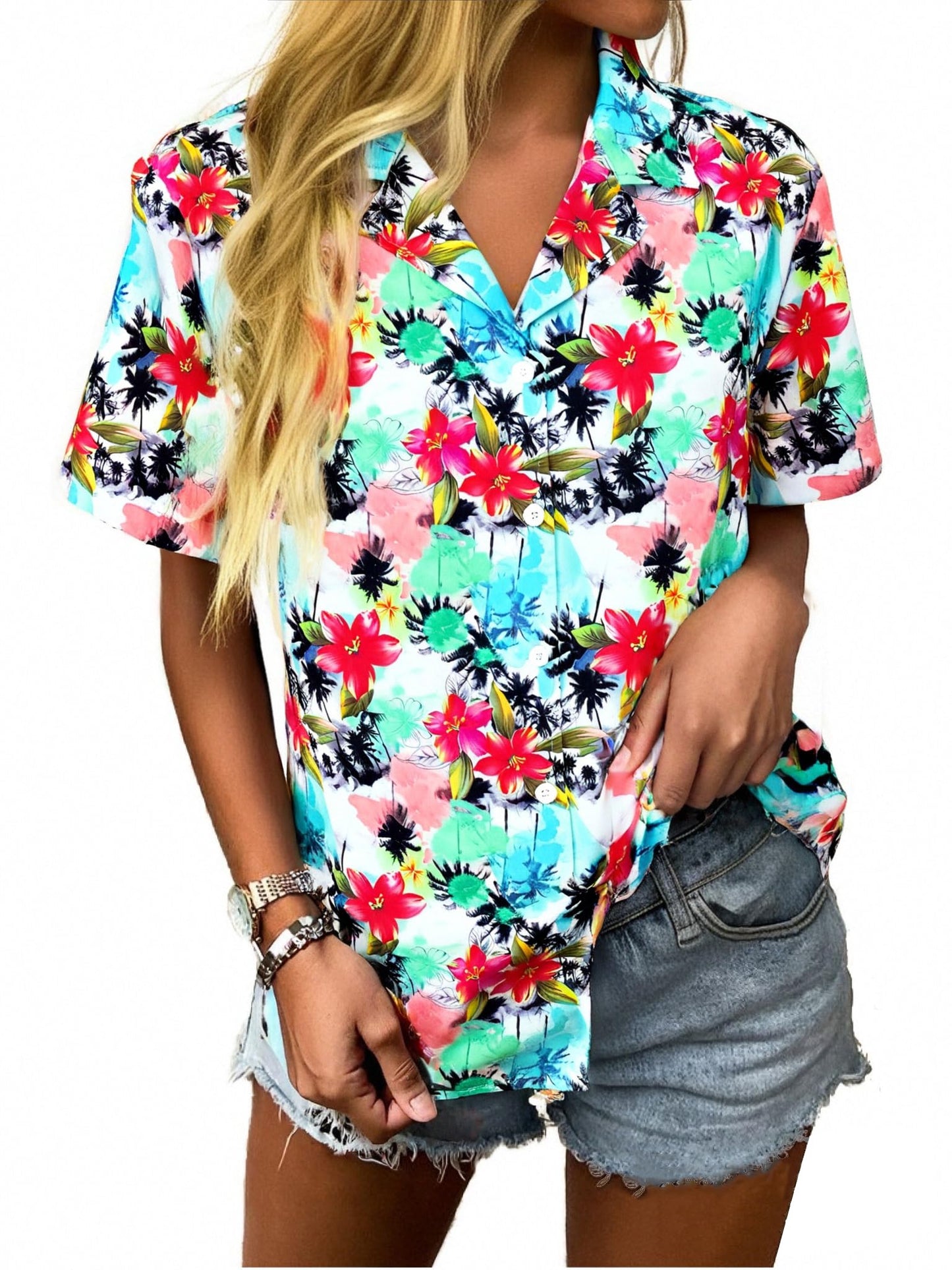 Women Hawaiian Shirt Soft Cool Summer Hawaii Tshirts Beach Tropic Print V Neck Button up Tops Floral Short Sleeve Tops - Hawaiian Flair