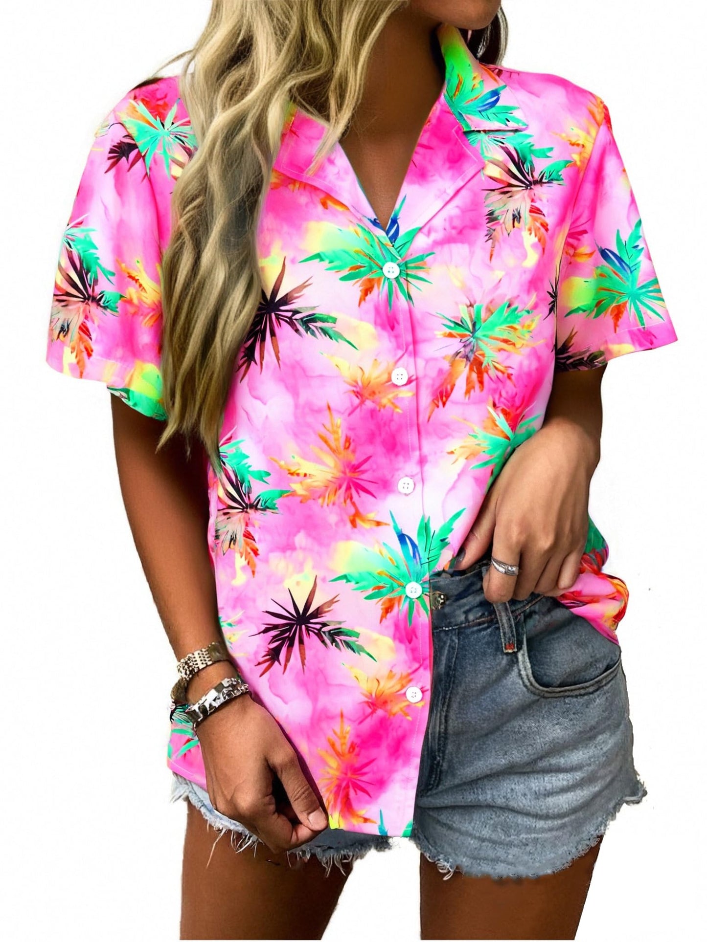 Women Hawaiian Shirt Soft Cool Summer Hawaii Tshirts Beach Tropic Print V Neck Button up Tops Floral Short Sleeve Tops - Hawaiian Flair