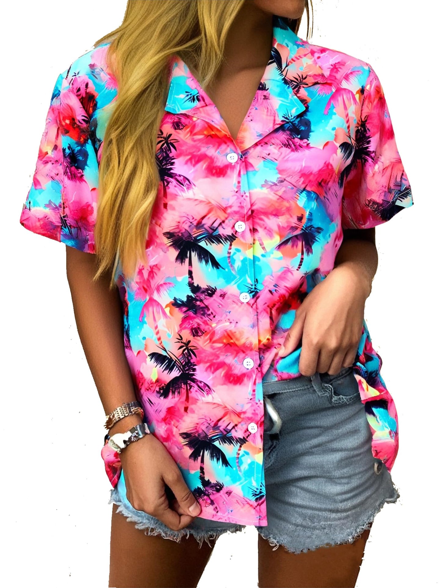 Women Hawaiian Shirt Soft Cool Summer Hawaii Tshirts Beach Tropic Print V Neck Button up Tops Floral Short Sleeve Tops - Hawaiian Flair