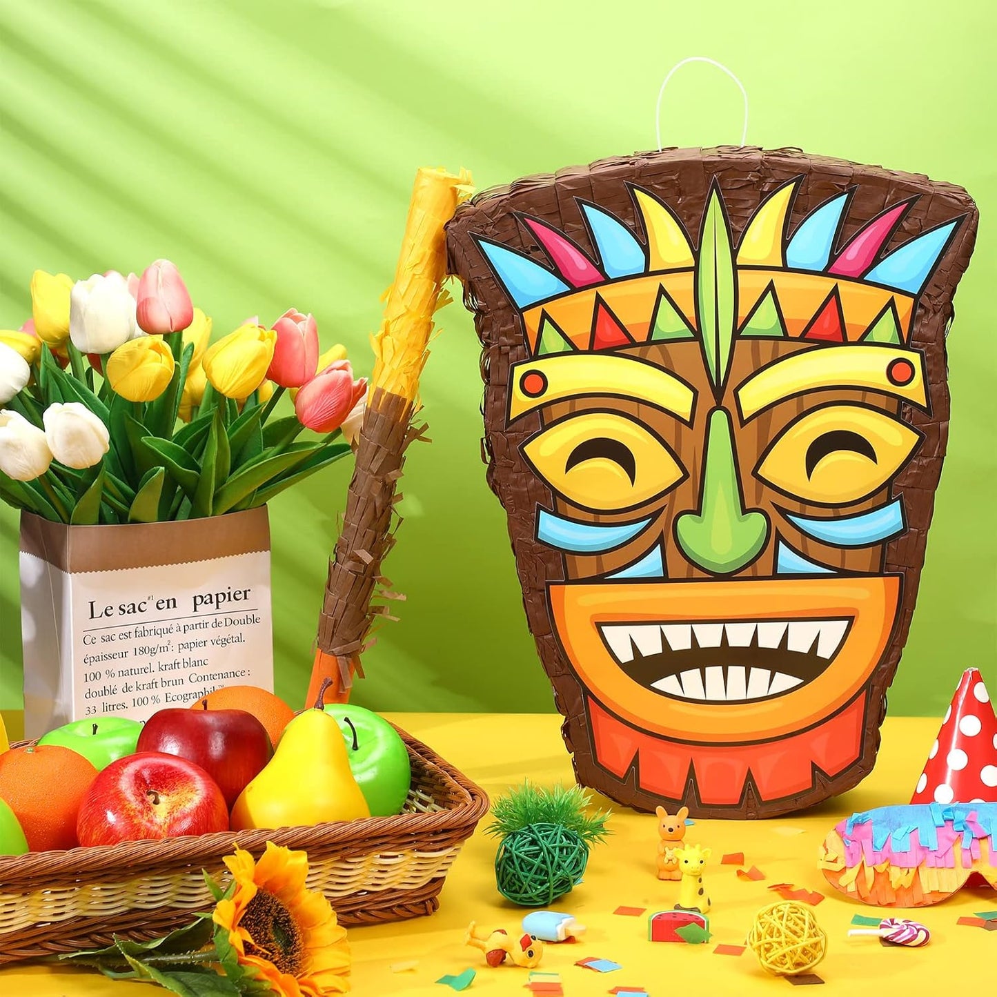 Threan Small Tiki Tropical Hawaii Piñata with Blindfold Bat Aloha Luau Piñata for Hawaiian Luau Themed Party Decoration Summer Birthday Party Supplies, 15.7 x 3.1 x 12.2 Inch
