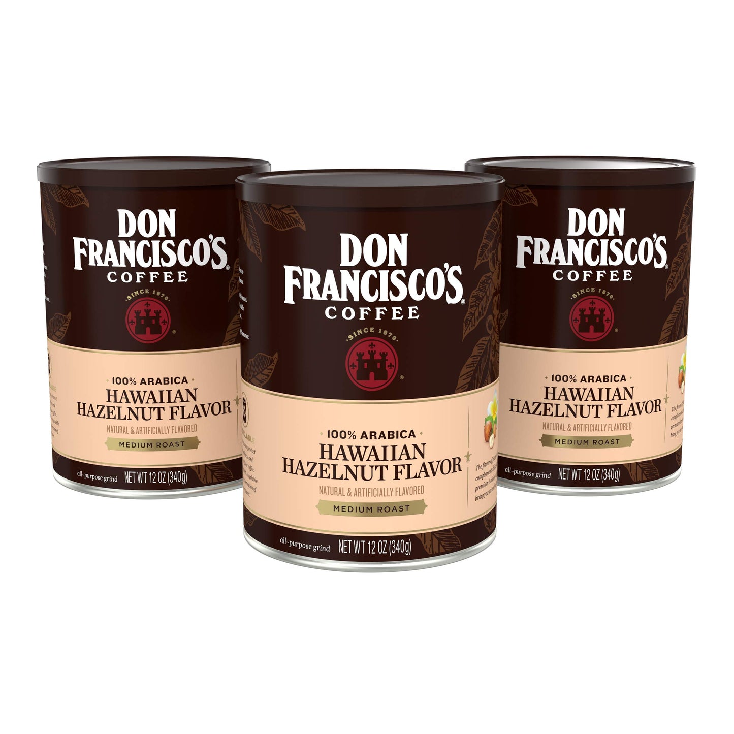Don Francisco's Hawaiian Hazelnut Ground Flavored Coffee: Rich, Aromatic 100% Arabica Beans - (3 x 12 oz Recyclable Cans) - Hawaiian Flair