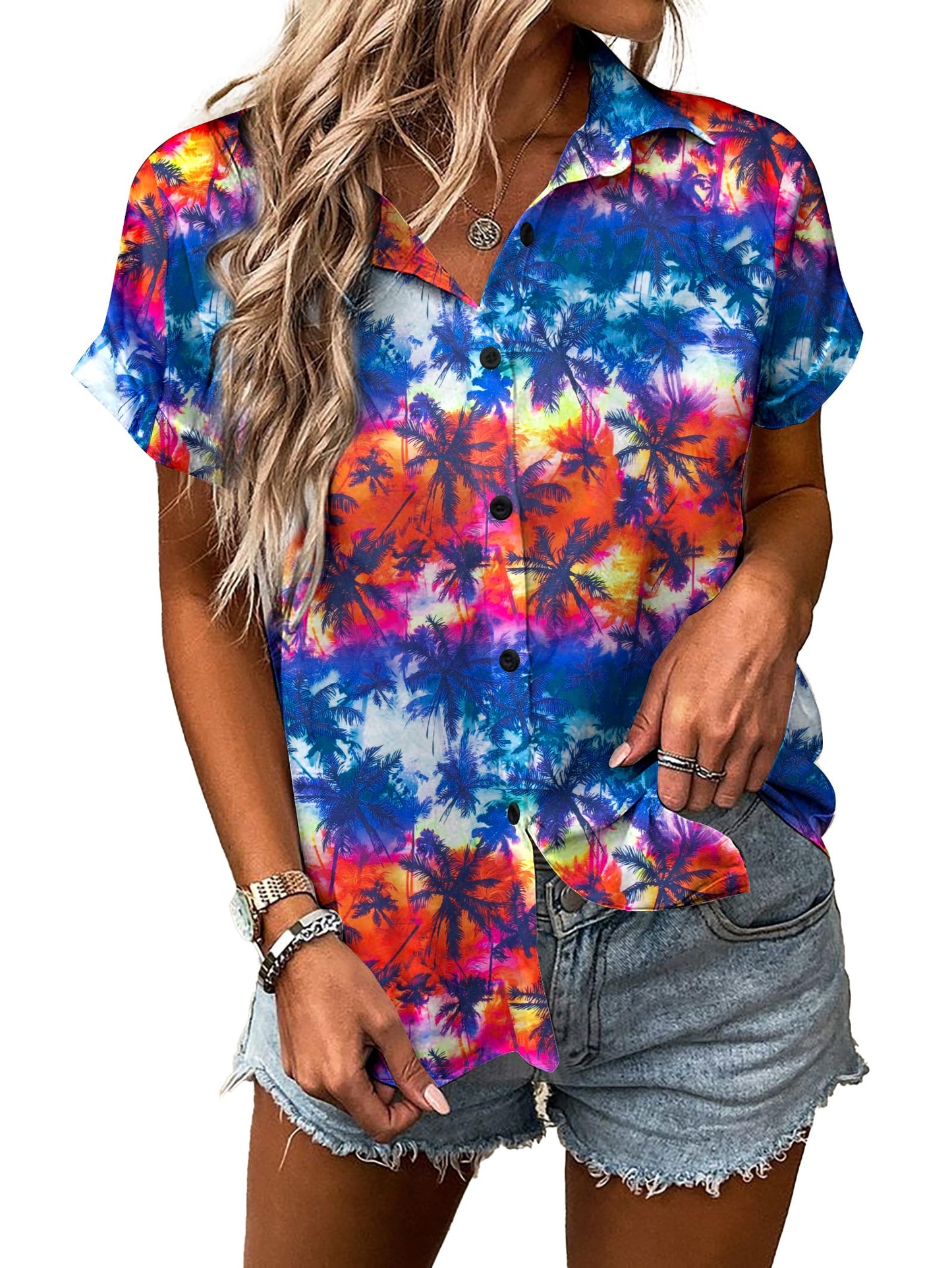 Women Hawaiian Shirt Soft Cool Summer Hawaii Tshirts Beach Tropic Print V Neck Button up Tops Floral Short Sleeve Tops - Hawaiian Flair