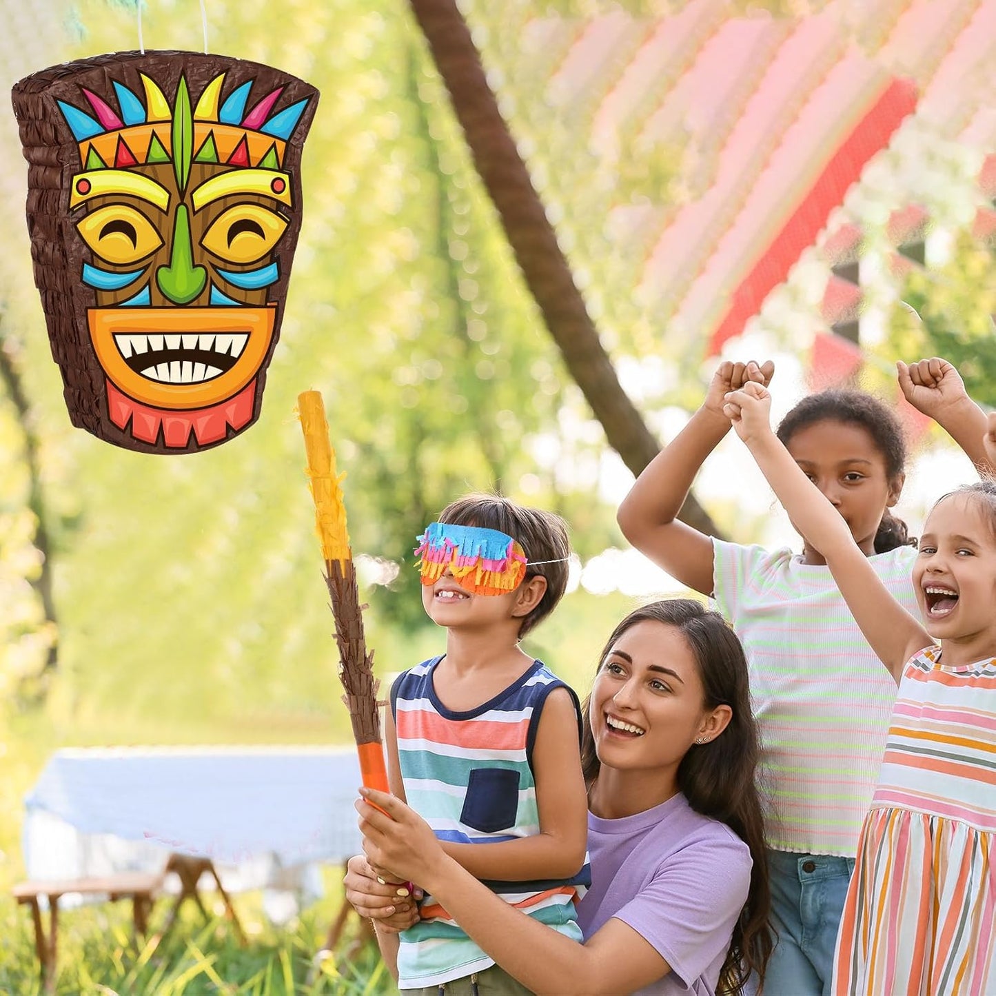 Threan Small Tiki Tropical Hawaii Piñata with Blindfold Bat Aloha Luau Piñata for Hawaiian Luau Themed Party Decoration Summer Birthday Party Supplies, 15.7 x 3.1 x 12.2 Inch