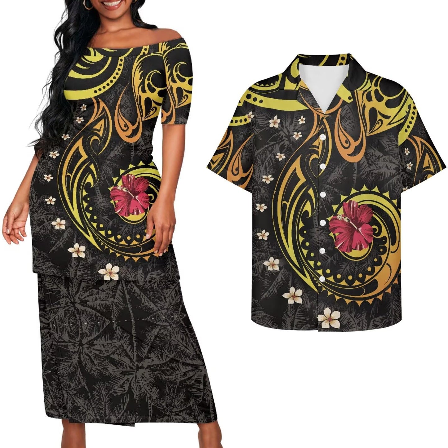Samoa Couple Outfit Puletasi Samoa Dress Polynesian Shirts for Men Puletasi Samoan Traditional Dress Hawaiian - Hawaiian Flair