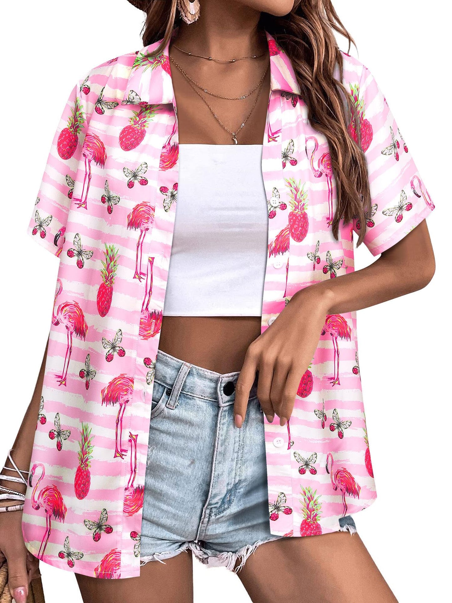 Womens Button Down Hawaiian Shirts Short Sleeve Floral Print Summer V Neck T-Shirt Casual Summer Beach Blouses Tops - Hawaiian Flair