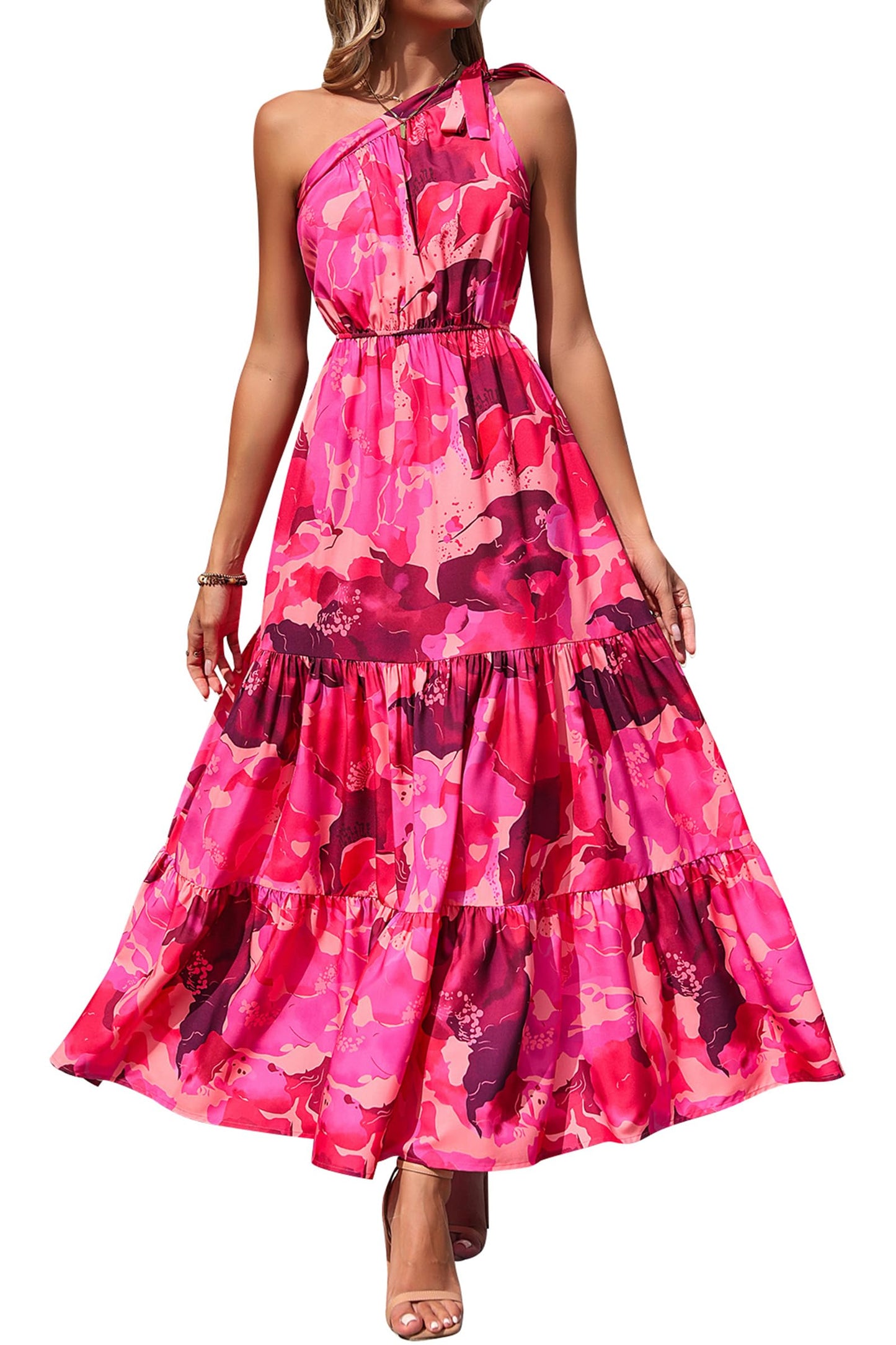 PRETTYGARDEN Women's Summer Floral Maxi Dress Knot One Shoulder Sleeveless Ruffle Flowy Boho Beach Wedding Guest Dresses - Hawaiian Flair