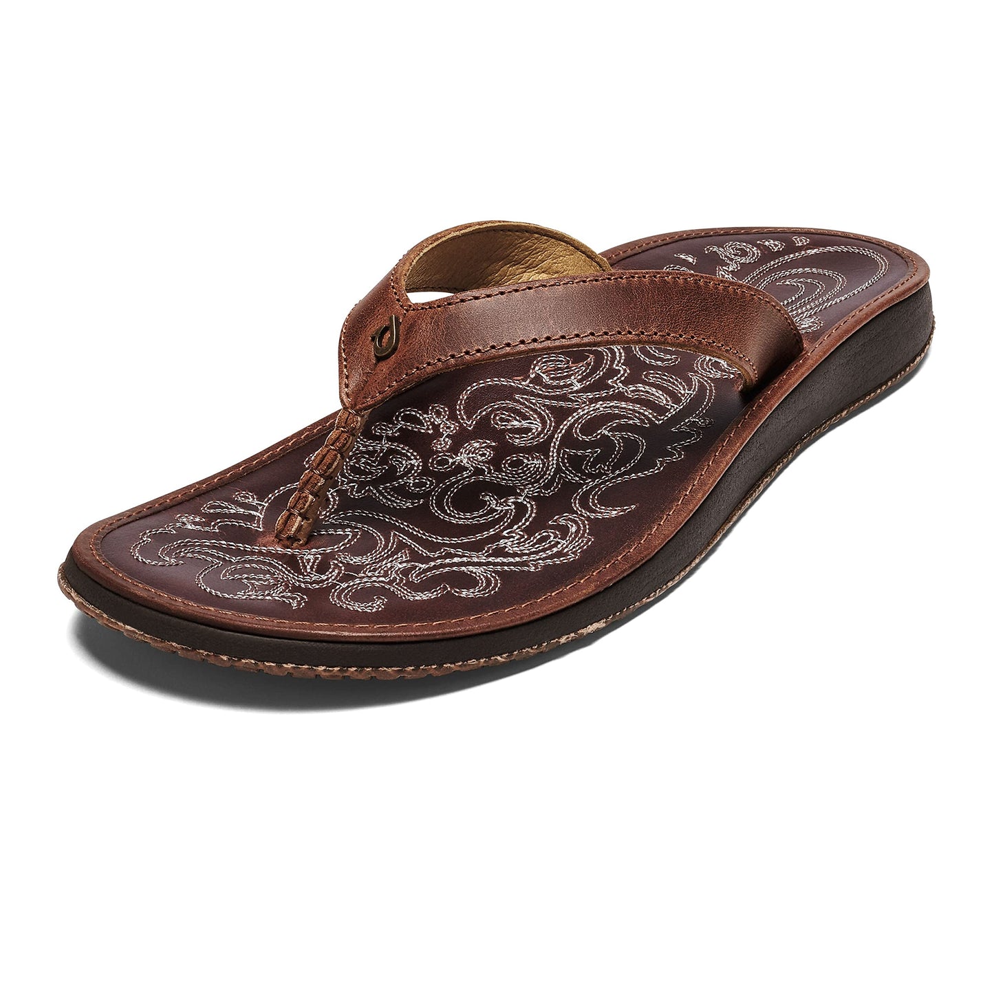 OLUKAI Paniolo Women's Beach Sandals, Distressed Full-Grain Leather Flip-Flop Slides, Wet Grip Soles, Compression Molded Footbed - Hawaiian Flair