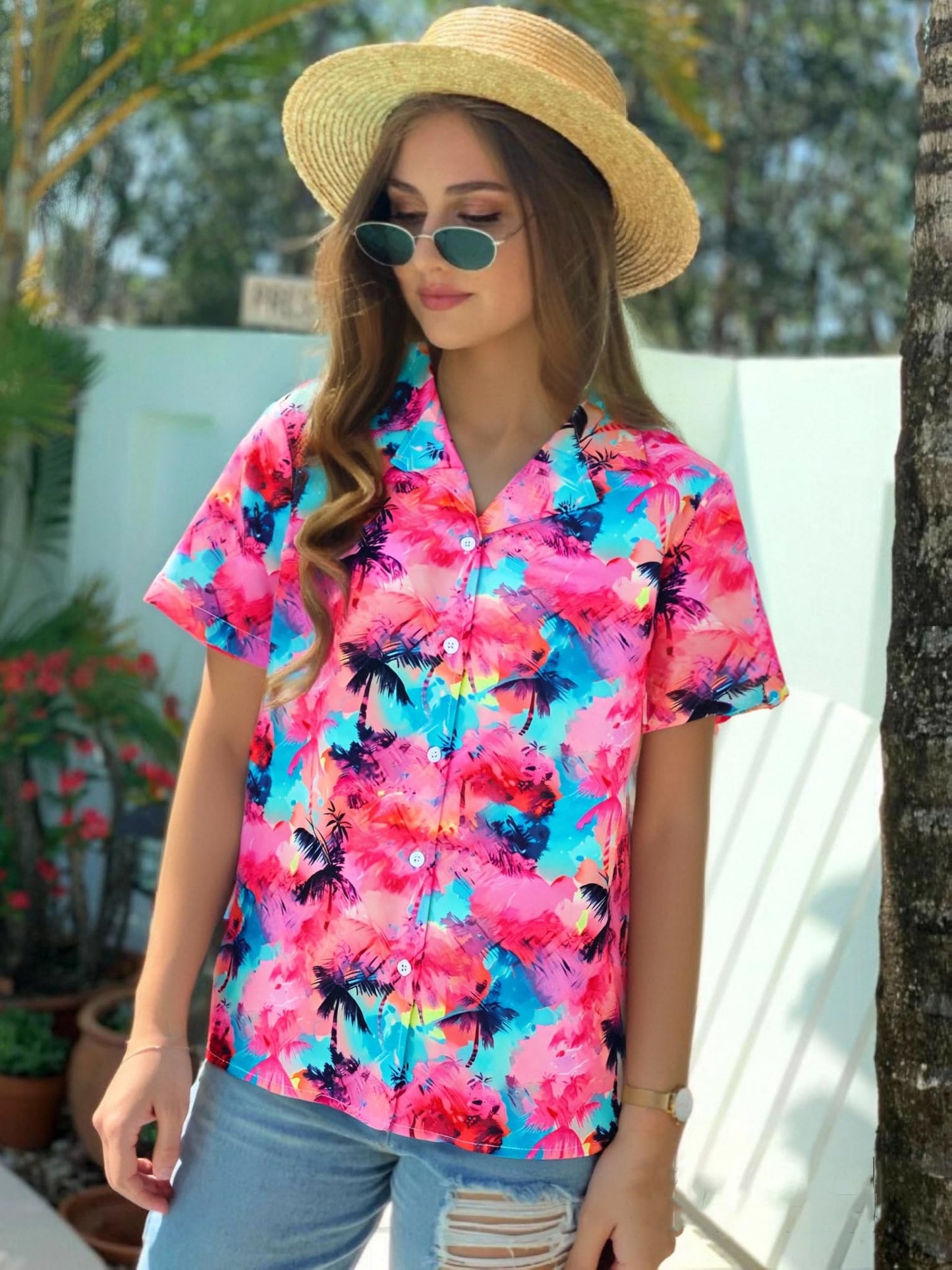 Women Hawaiian Shirt Soft Cool Summer Hawaii Tshirts Beach Tropic Print V Neck Button up Tops Floral Short Sleeve Tops - Hawaiian Flair