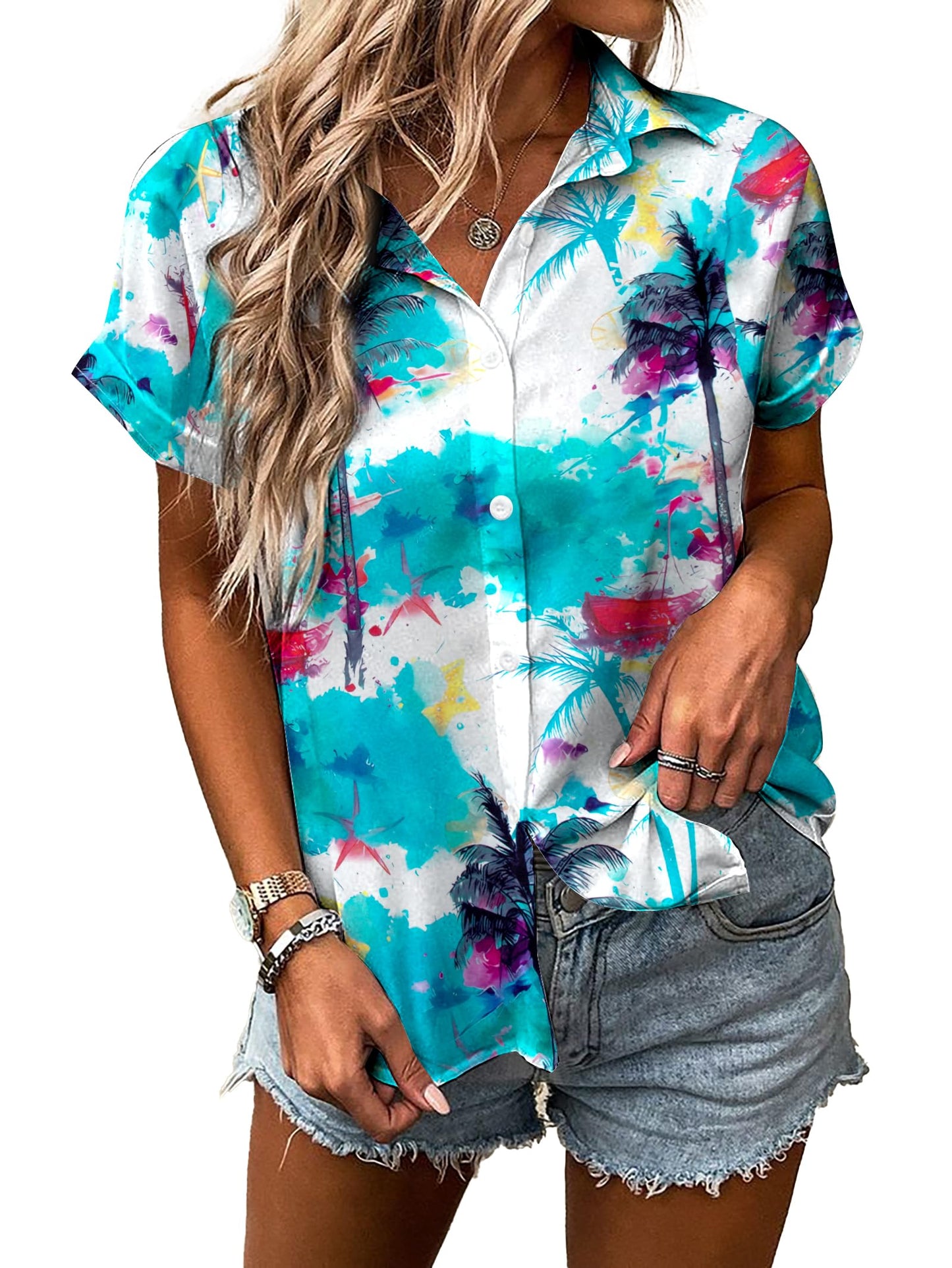 Women Hawaiian Shirt Soft Cool Summer Hawaii Tshirts Beach Tropic Print V Neck Button up Tops Floral Short Sleeve Tops - Hawaiian Flair