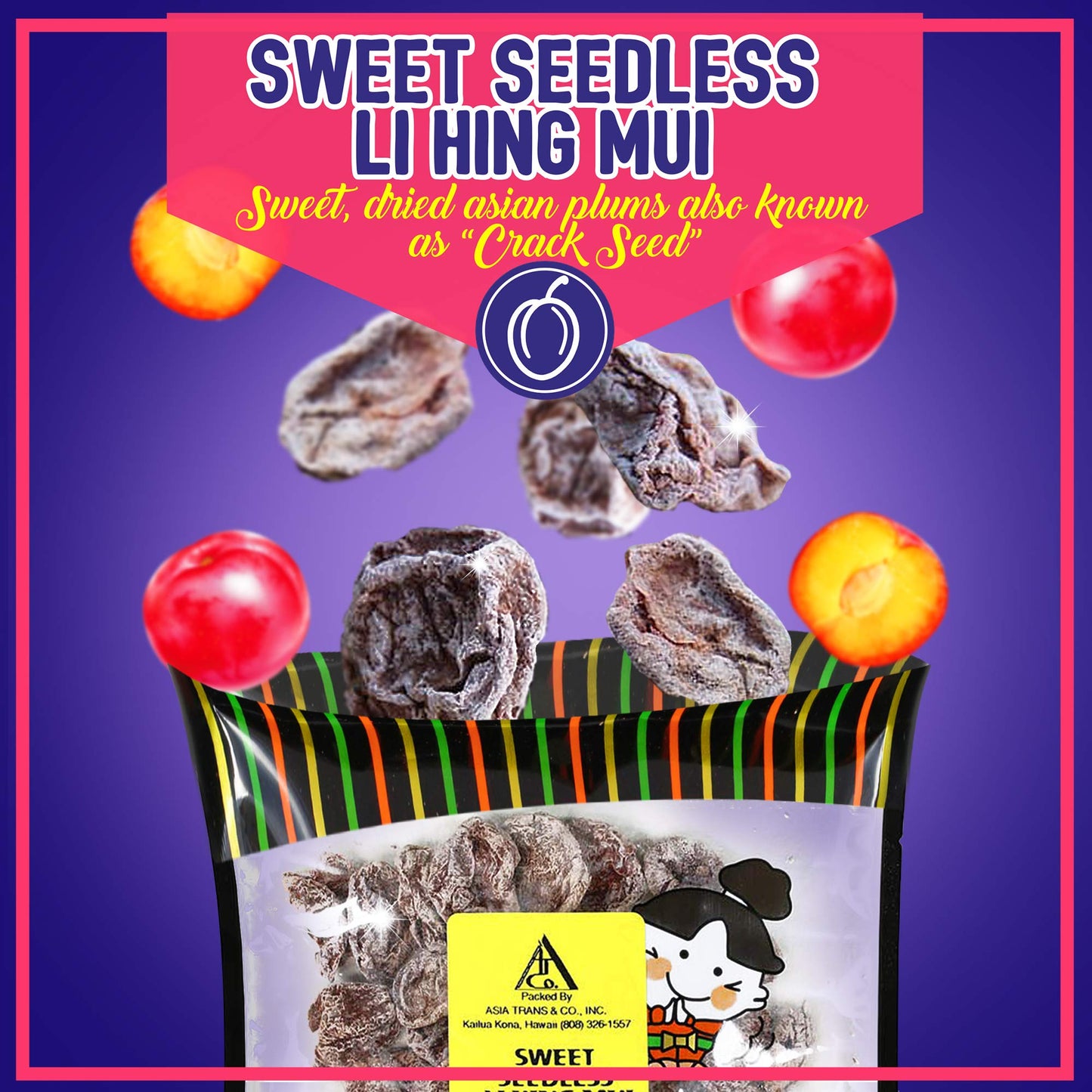 Asia Trans Seeded Red Li Hing Mui Crack Seed Plums - Hawaiian Favorite - Sweet, Sour, & Salty Dried Asian Plum - Hawaiian Flair