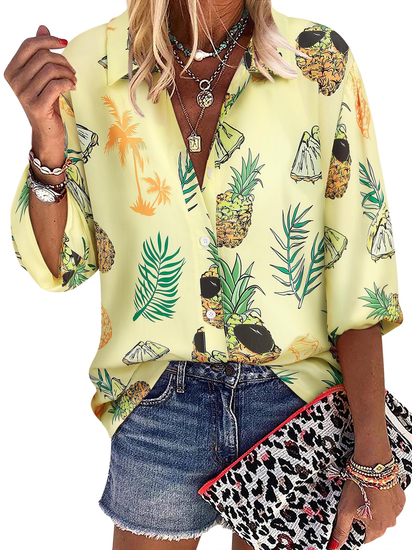 ZXZY Women Pineapple Printed Lapel Collar Half Sleeves Buttons Down Blouse Shirt - Hawaiian Flair