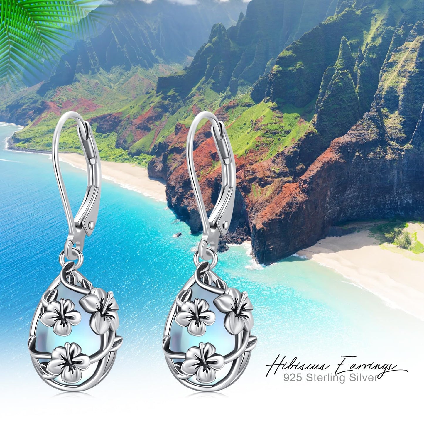 Moonstone Earrings 925 Sterling Silver Flower Teardrop Leverback Dangle Earrings Jewelry Gifts for Women Girls - Hawaiian Flair