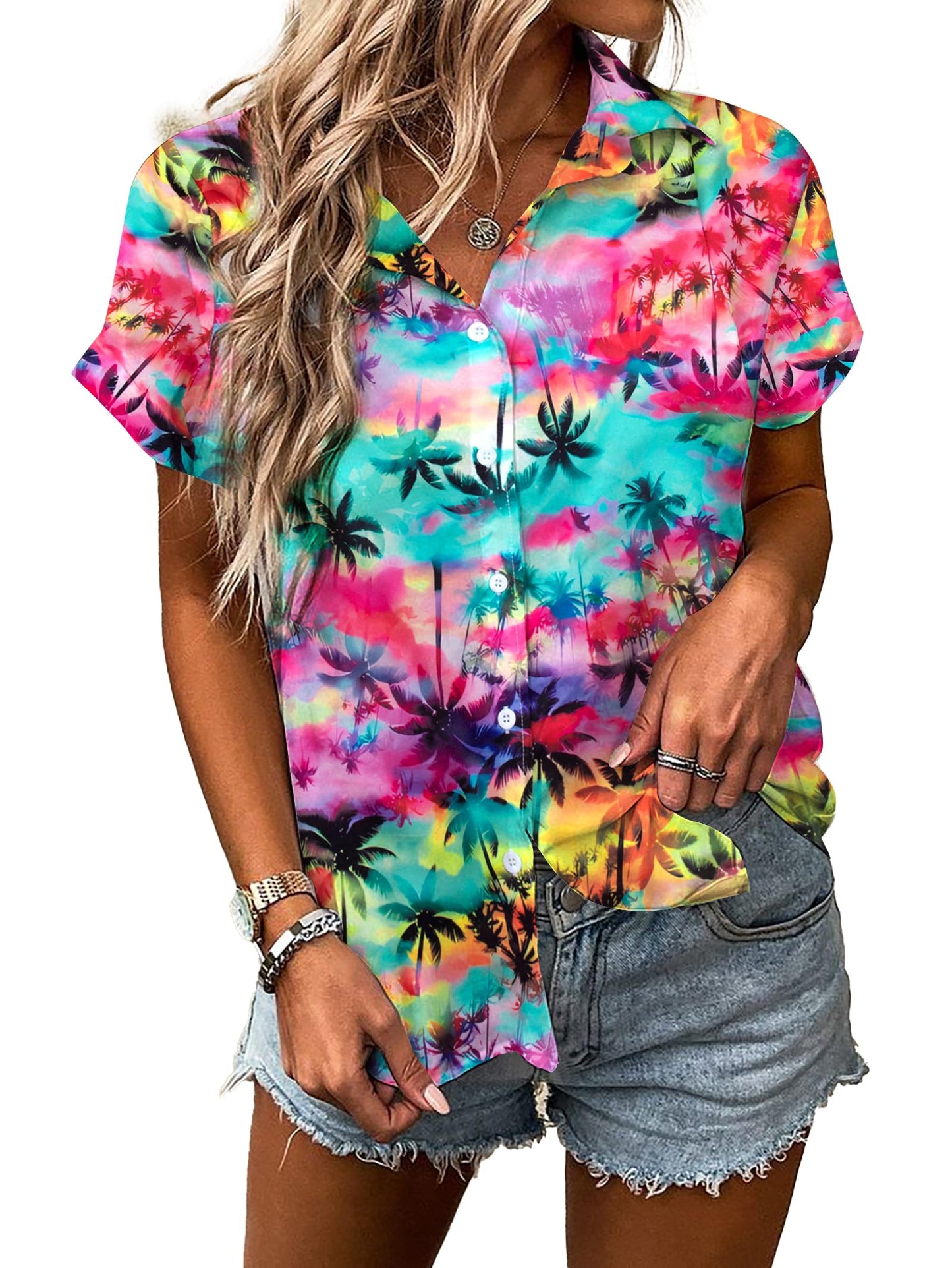 Women Hawaiian Shirt Soft Cool Summer Hawaii Tshirts Beach Tropic Print V Neck Button up Tops Floral Short Sleeve Tops - Hawaiian Flair