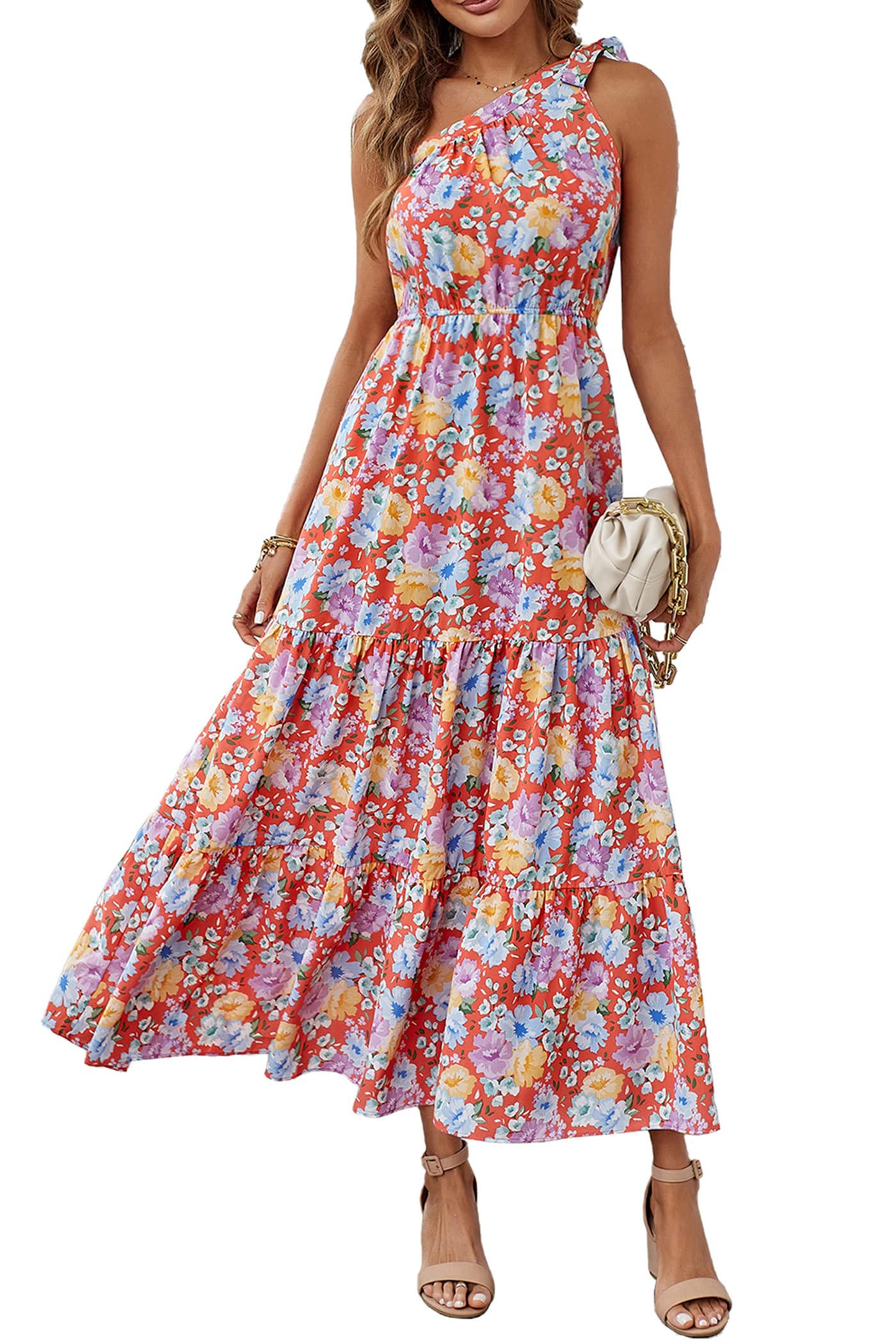 PRETTYGARDEN Women's Summer Floral Maxi Dress Knot One Shoulder Sleeveless Ruffle Flowy Boho Beach Wedding Guest Dresses - Hawaiian Flair