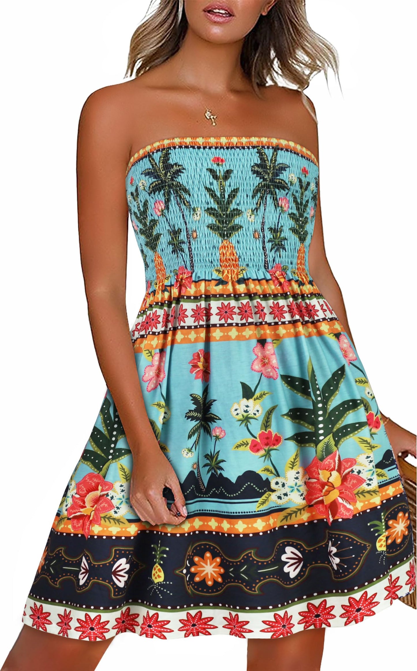 CHICGAL Summer Dresses for Women Beach Cover Ups Strapless Boho Floral Print Sundress - Hawaiian Flair