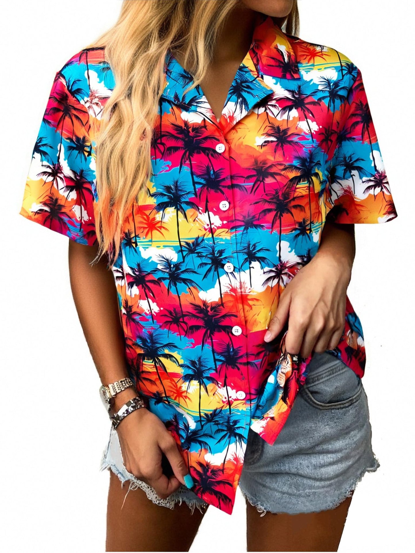 Women Hawaiian Shirt Soft Cool Summer Hawaii Tshirts Beach Tropic Print V Neck Button up Tops Floral Short Sleeve Tops - Hawaiian Flair