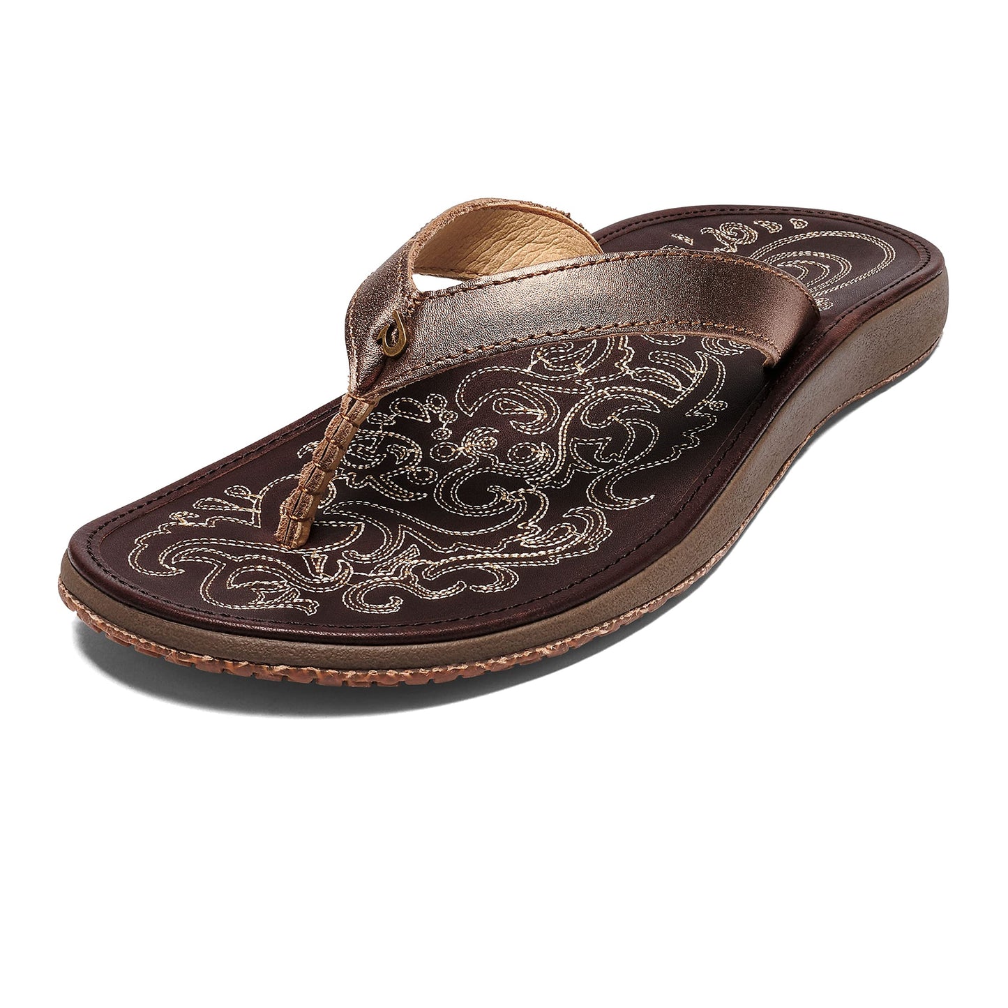 OLUKAI Paniolo Women's Beach Sandals, Distressed Full-Grain Leather Flip-Flop Slides, Wet Grip Soles, Compression Molded Footbed - Hawaiian Flair