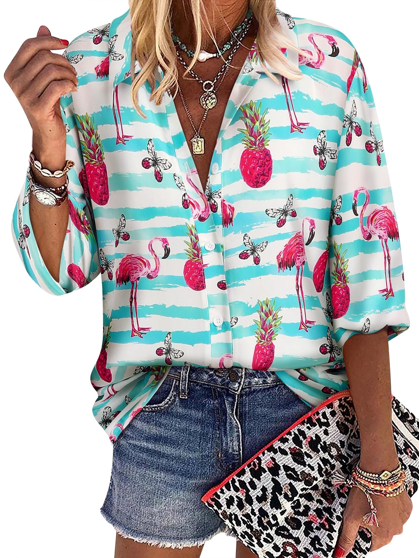 ZXZY Women Pineapple Printed Lapel Collar Half Sleeves Buttons Down Blouse Shirt - Hawaiian Flair