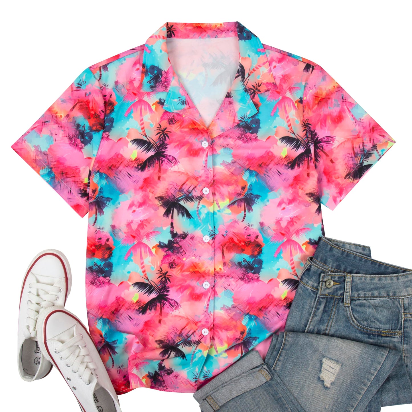 Women Hawaiian Shirt Soft Cool Summer Hawaii Tshirts Beach Tropic Print V Neck Button up Tops Floral Short Sleeve Tops - Hawaiian Flair