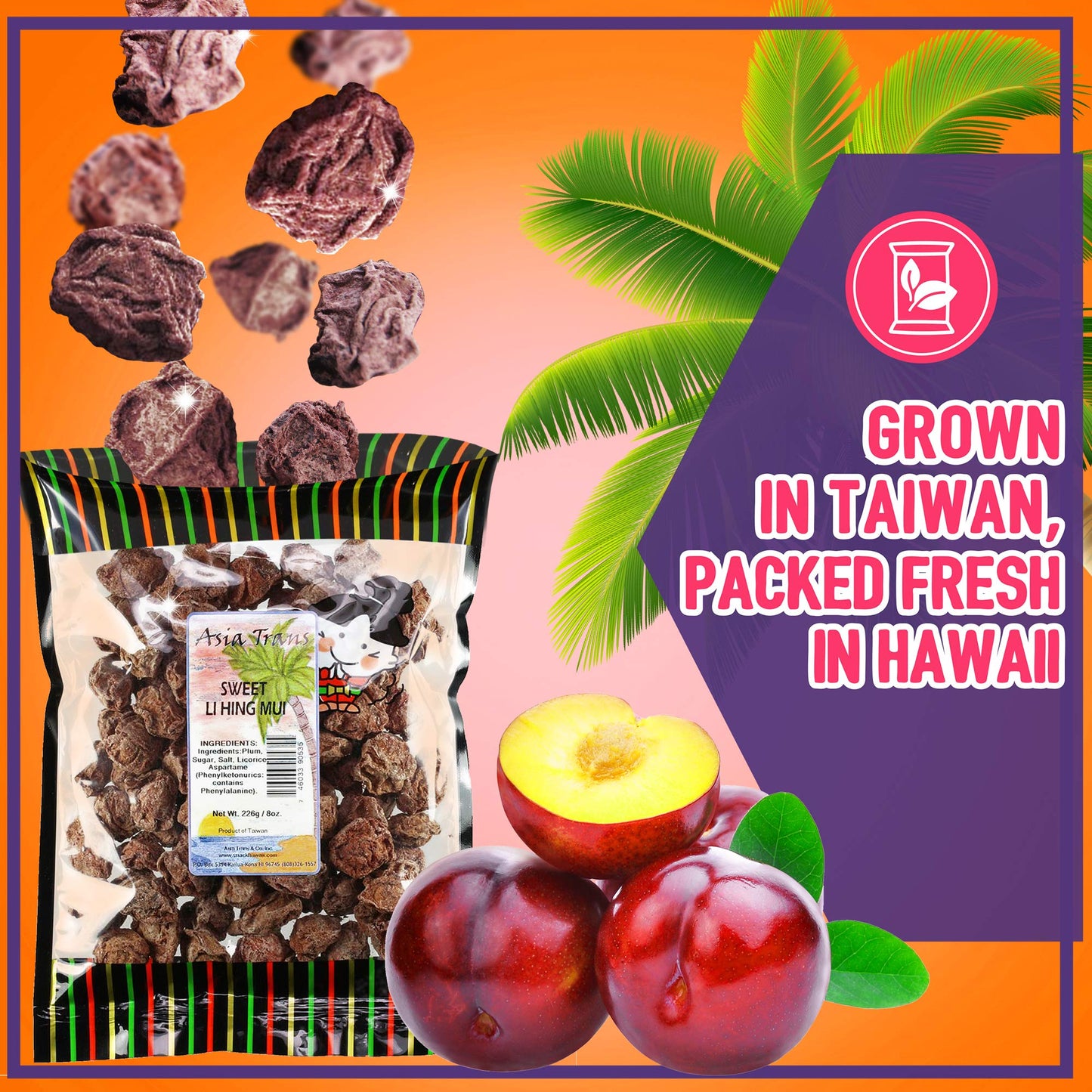 Asia Trans Seeded Red Li Hing Mui Crack Seed Plums - Hawaiian Favorite - Sweet, Sour, & Salty Dried Asian Plum - Hawaiian Flair