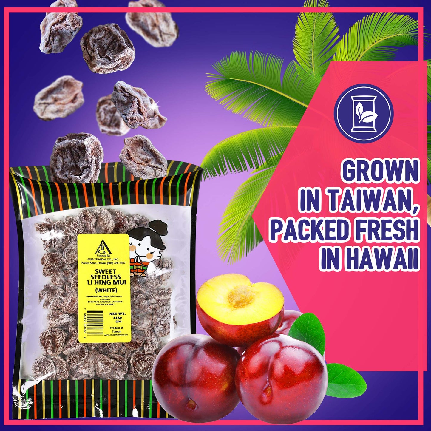 Asia Trans Seeded Red Li Hing Mui Crack Seed Plums - Hawaiian Favorite - Sweet, Sour, & Salty Dried Asian Plum - Hawaiian Flair