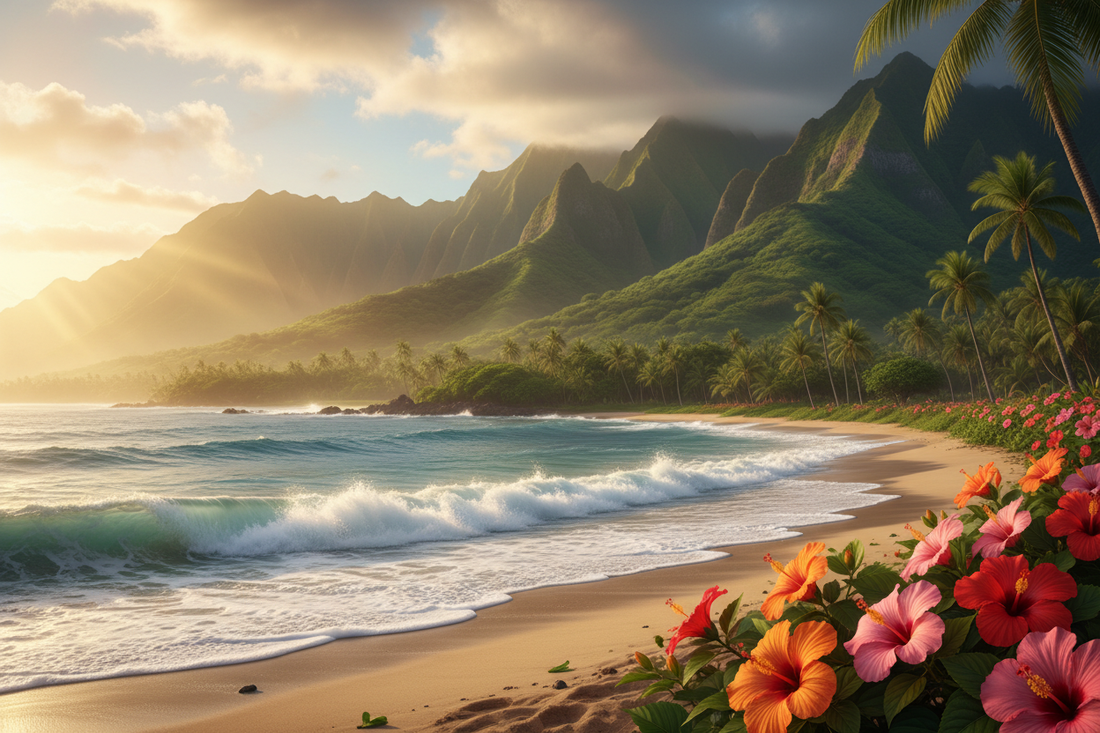 Tropical Hawaiian scene with ocean waves, hibiscus flowers, and golden sunlight — hero image for Hawaiian Numbers and the Helu System blog post