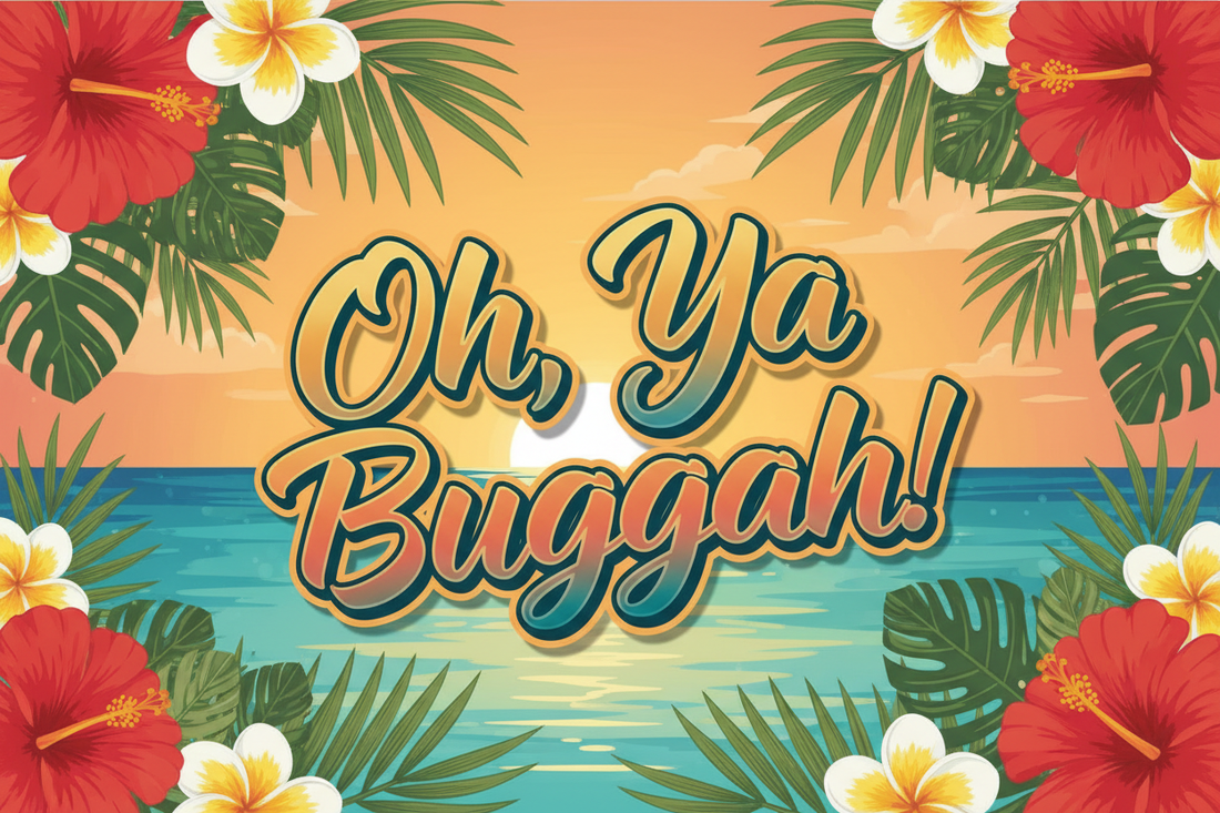 Colorful tropical Hawaiian background with bold Pidgin slang text — guide to Hawaiian local slang and Pidgin phrases