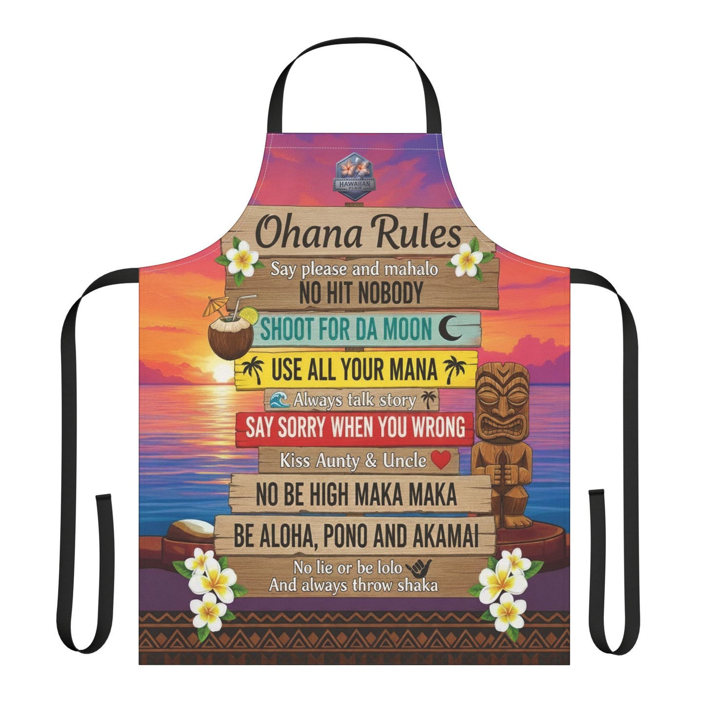 Ohana Rules Hawaiian Apron — Colorful Tropical Kitchen Apron with Island Sayings
