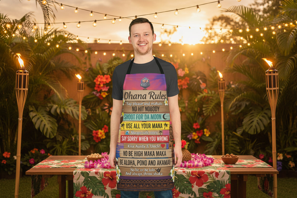 Ohana Rules Hawaiian Apron — Colorful Tropical Kitchen Apron with Island Sayings