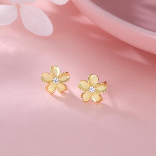 Reffeer Solid 925 Sterling Silver Plumeria Flower Stud Earrings for Women Teens Crystal Flower Stud Earrings - Hawaiian Flair