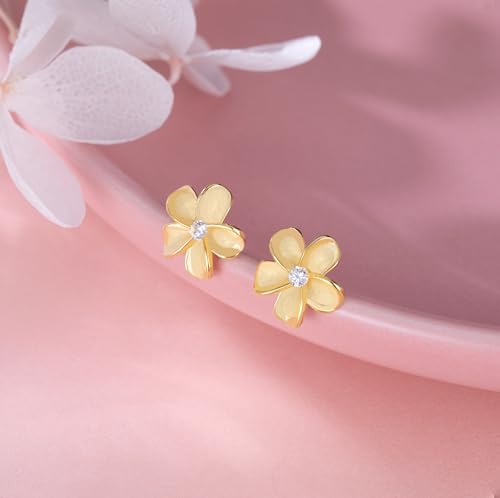 Reffeer Solid 925 Sterling Silver Plumeria Flower Stud Earrings for Women Teens Crystal Flower Stud Earrings - Hawaiian Flair