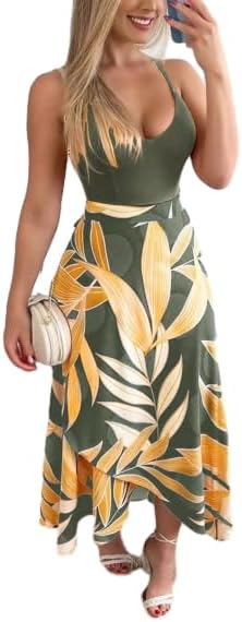 SKAYS Tropical Dresses for Women Summer Wrap Dress Boho Spaghetti Strap Backless Slit Thigh Maxi Dress
