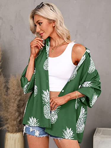 ZXZY Women Pineapple Printed Lapel Collar Half Sleeves Buttons Down Blouse Shirt - Hawaiian Flair
