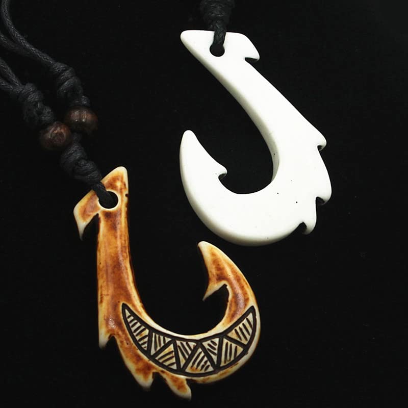 2PCS Hawaiian Protection Amulet Lucky Pendant Necklace Vintage Tiki Fish Hook Turtles Tortoise Shark Wolf Tooth Caved Satue Adjustable Rope Chain Necklaces for Men Women - Hawaiian Flair