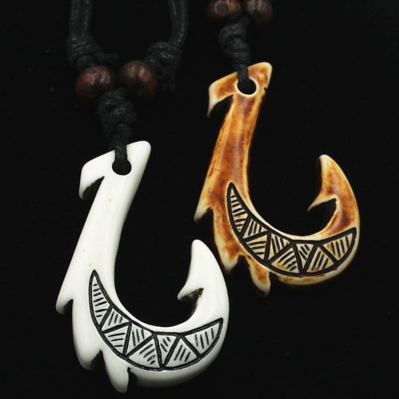 2PCS Hawaiian Protection Amulet Lucky Pendant Necklace Vintage Tiki Fish Hook Turtles Tortoise Shark Wolf Tooth Caved Satue Adjustable Rope Chain Necklaces for Men Women - Hawaiian Flair