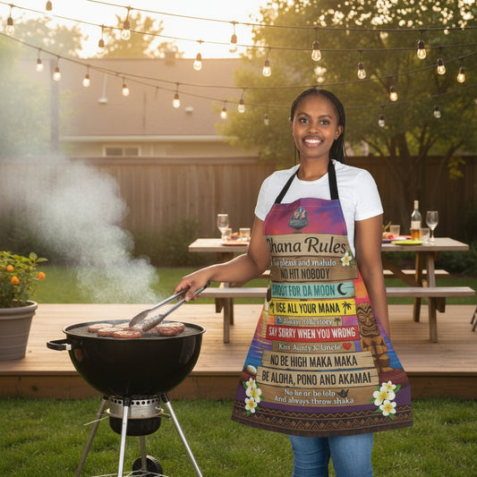 Ohana Rules Hawaiian Apron — Colorful Tropical Kitchen Apron with Island Sayings