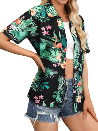 Womens Button Down Hawaiian Shirts Short Sleeve Floral Print Summer V Neck T-Shirt Casual Summer Beach Blouses Tops - Hawaiian Flair