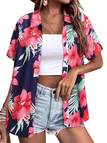 Womens Button Down Hawaiian Shirts Short Sleeve Floral Print Summer V Neck T-Shirt Casual Summer Beach Blouses Tops - Hawaiian Flair