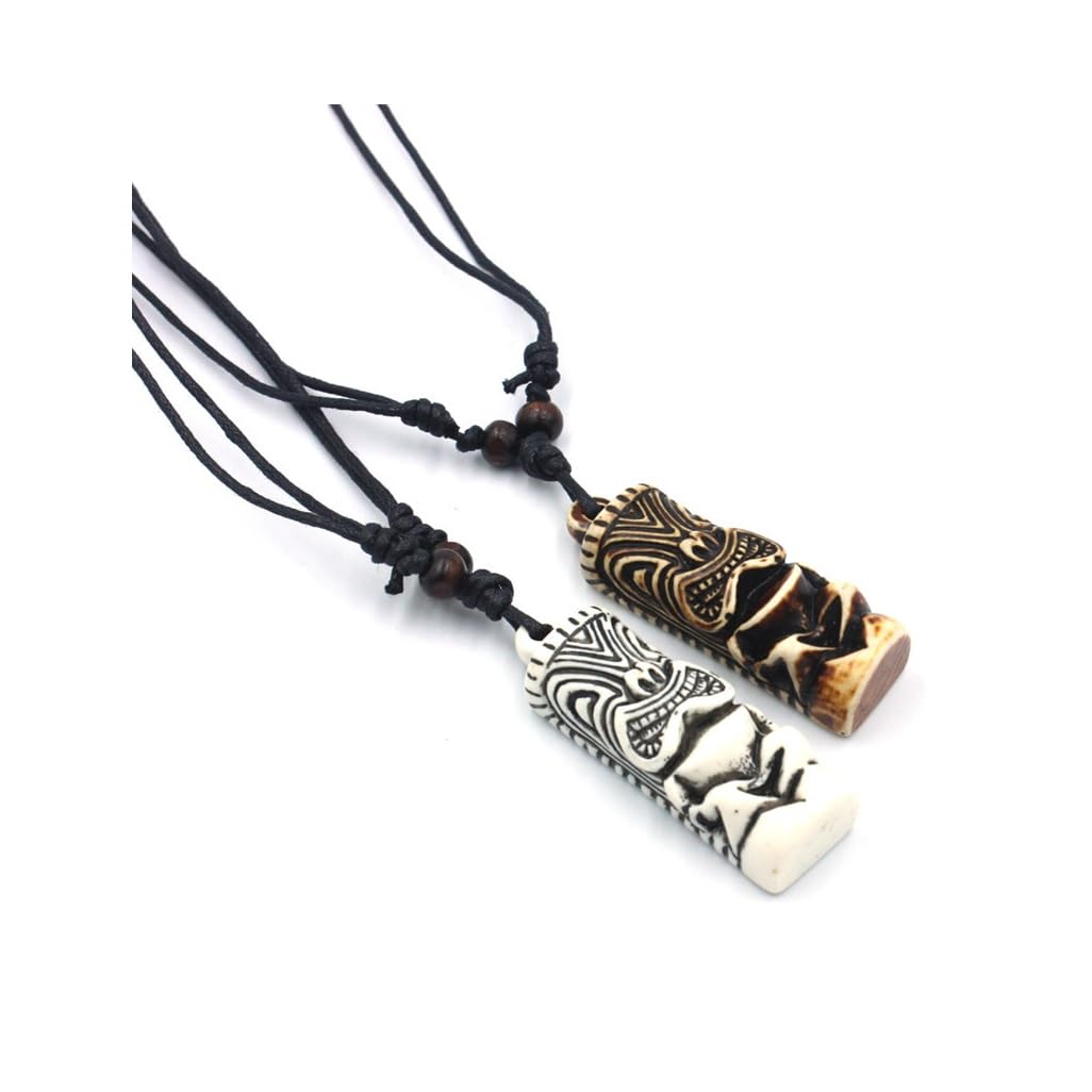 2PCS Hawaiian Protection Amulet Lucky Pendant Necklace Vintage Tiki Fish Hook Turtles Tortoise Shark Wolf Tooth Caved Satue Adjustable Rope Chain Necklaces for Men Women - Hawaiian Flair