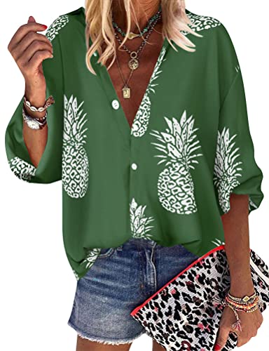 ZXZY Women Pineapple Printed Lapel Collar Half Sleeves Buttons Down Blouse Shirt - Hawaiian Flair