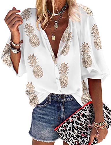 ZXZY Women Pineapple Printed Lapel Collar Half Sleeves Buttons Down Blouse Shirt - Hawaiian Flair