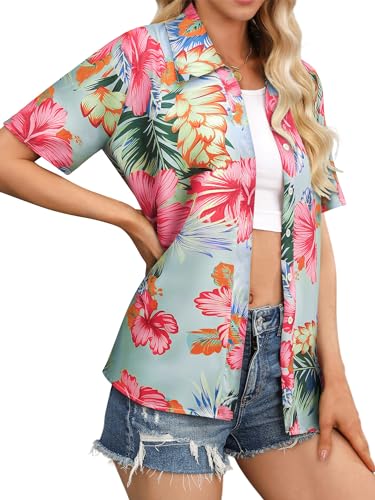 Womens Button Down Hawaiian Shirts Short Sleeve Floral Print Summer V Neck T-Shirt Casual Summer Beach Blouses Tops - Hawaiian Flair