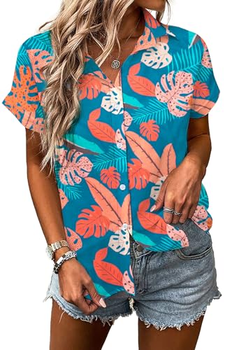 MYHALF Women Hawaiian Shirt Soft Cool Summer Hawaii Shirts Floral Tropic Print V Neck T-Shirt Short Sleeve Button Up Tops - Hawaiian Flair