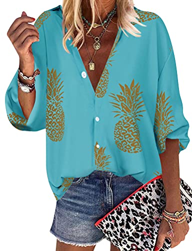 ZXZY Women Pineapple Printed Lapel Collar Half Sleeves Buttons Down Blouse Shirt - Hawaiian Flair