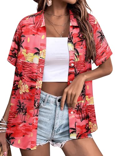 Womens Button Down Hawaiian Shirts Short Sleeve Floral Print Summer V Neck T-Shirt Casual Summer Beach Blouses Tops - Hawaiian Flair