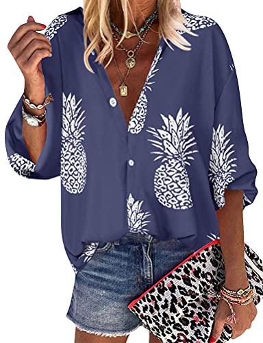 ZXZY Women Pineapple Printed Lapel Collar Half Sleeves Buttons Down Blouse Shirt - Hawaiian Flair