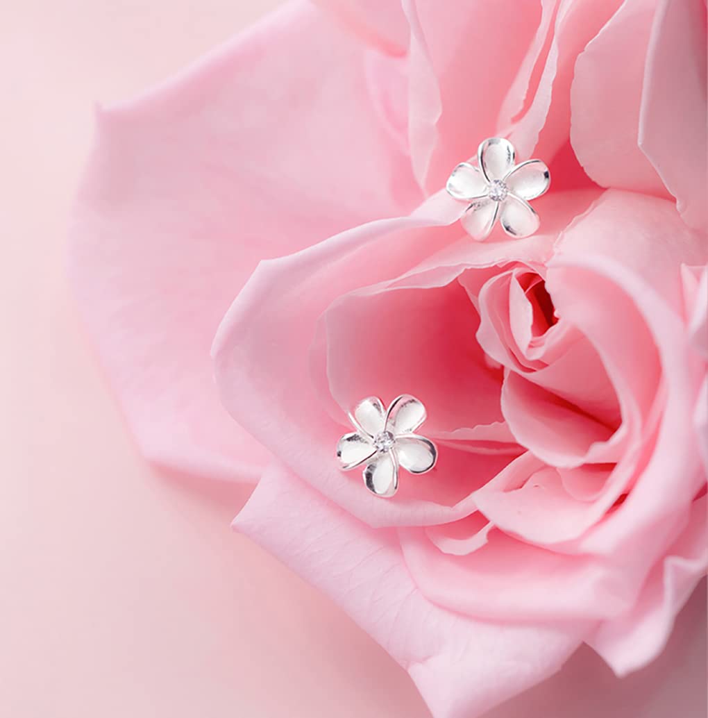 Reffeer Solid 925 Sterling Silver Plumeria Flower Stud Earrings for Women Teens Crystal Flower Stud Earrings - Hawaiian Flair
