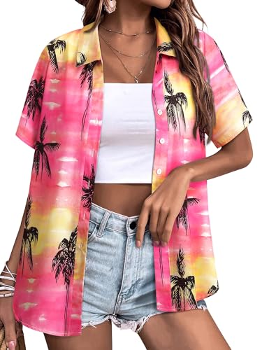 Womens Button Down Hawaiian Shirts Short Sleeve Floral Print Summer V Neck T-Shirt Casual Summer Beach Blouses Tops - Hawaiian Flair