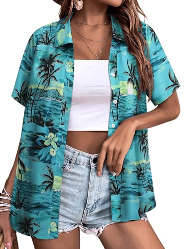 Womens Button Down Hawaiian Shirts Short Sleeve Floral Print Summer V Neck T-Shirt Casual Summer Beach Blouses Tops - Hawaiian Flair